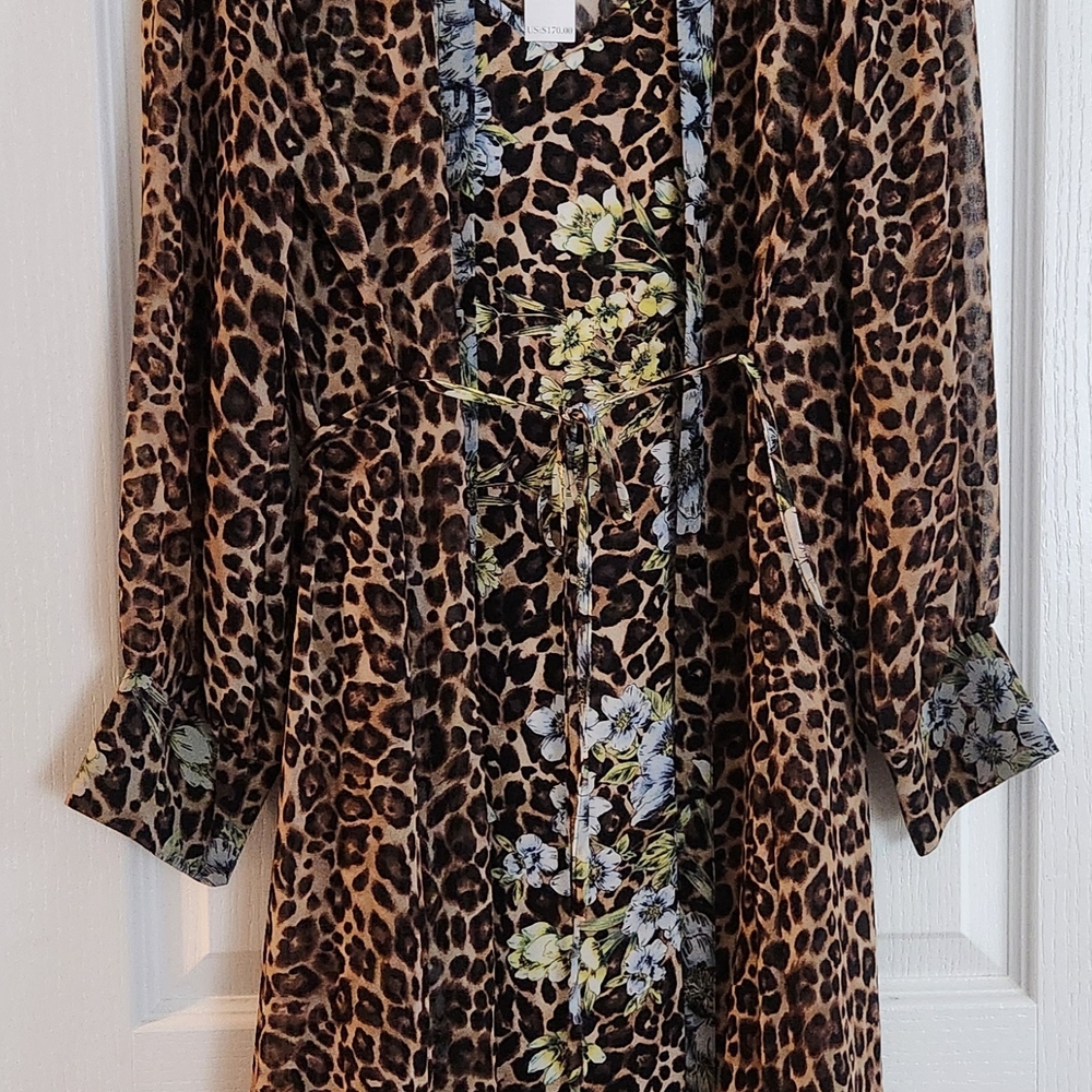 White House Black Market Brown and Black Long Sleeve V-neck Dress